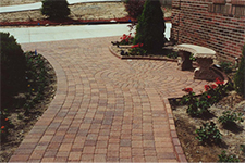 Orange paver walkway with circular outset pattern with bench seat