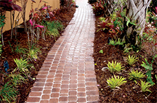 Path of red pavers through a garden